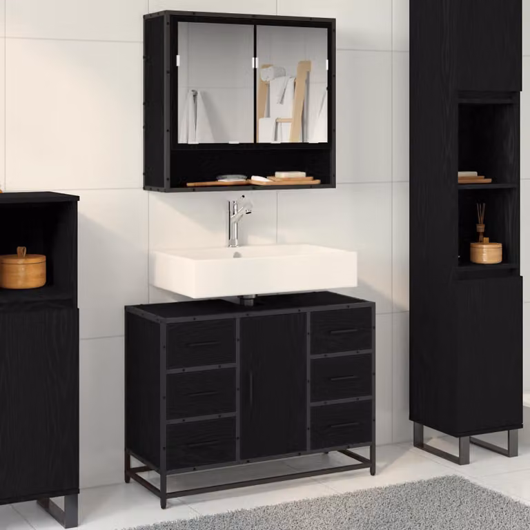 Mobile da bagno moderno vidaXL in MDF e metallo, Rovere Nero, L 80 x P 33 x H 60 cm