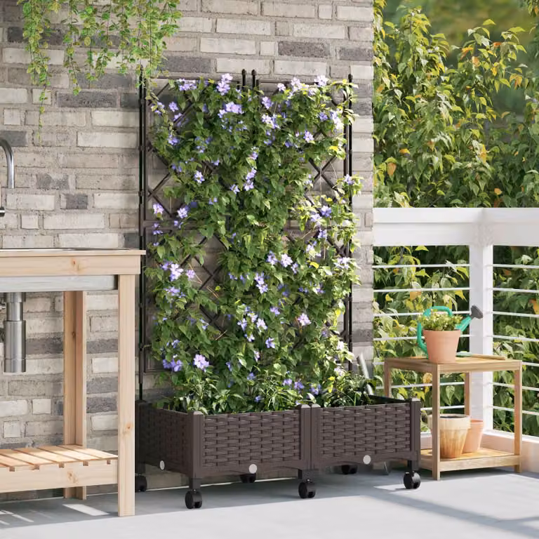 Set di 2 vasi da giardino con grigliato e ruote vidaXL, colore marrone, in plastica