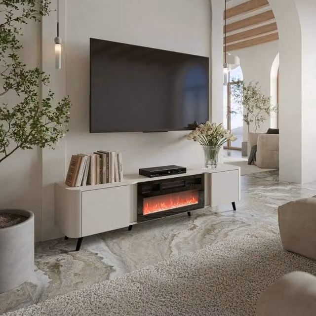 Mobile porta TV Vicino, Madia da salotto con due ante battenti e camino elettrico, Rialzato da terra, 191x40 h58 cm, Beige