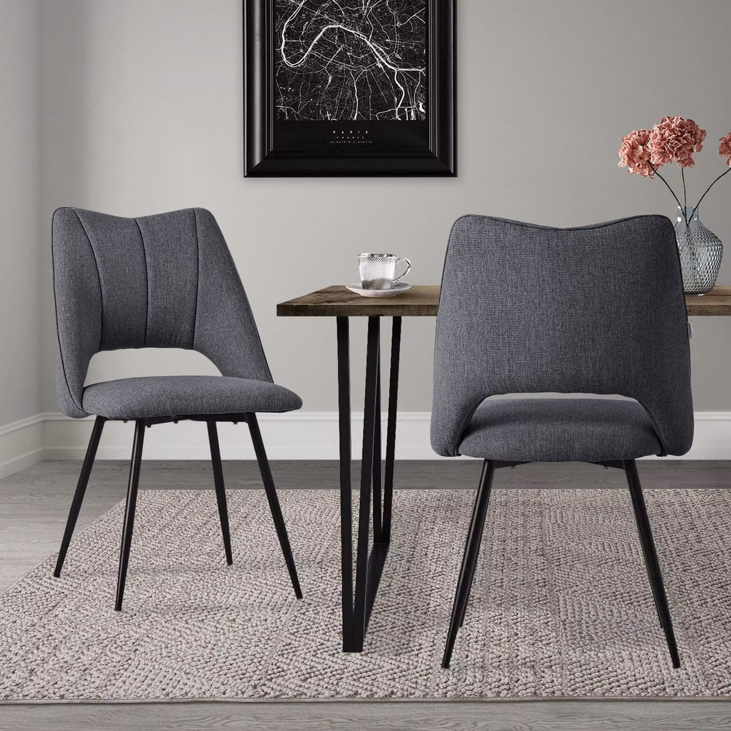 ML-Design set di 2 sedie da pranzo grigie, seduta in poliestere con gambe in metallo nero, sedie da cucina con schienale