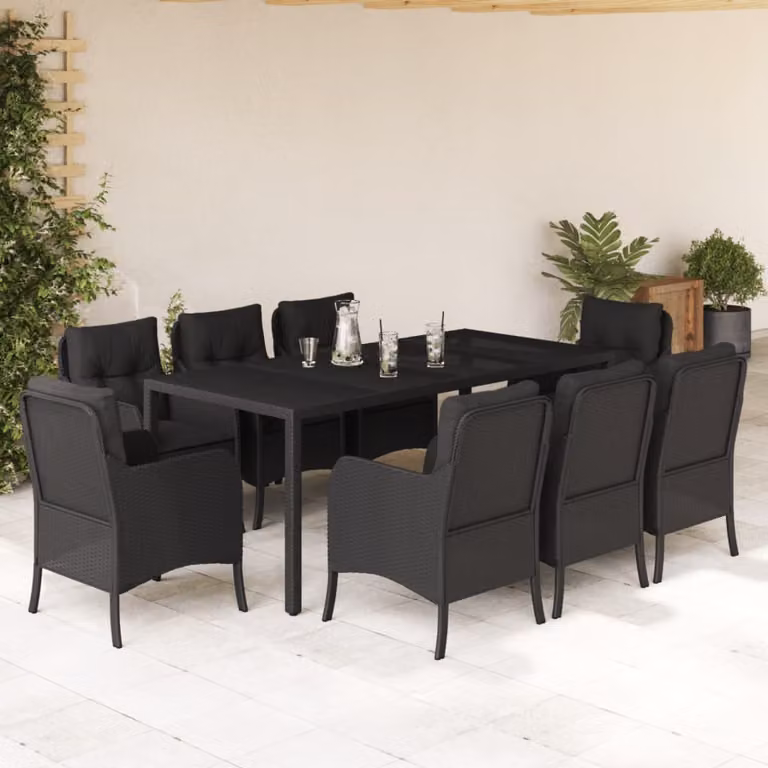 Set da Pranzo da Giardino vidaXL 9 pz in Polyrattan Nero con Cuscini e Tavolo in Vetro