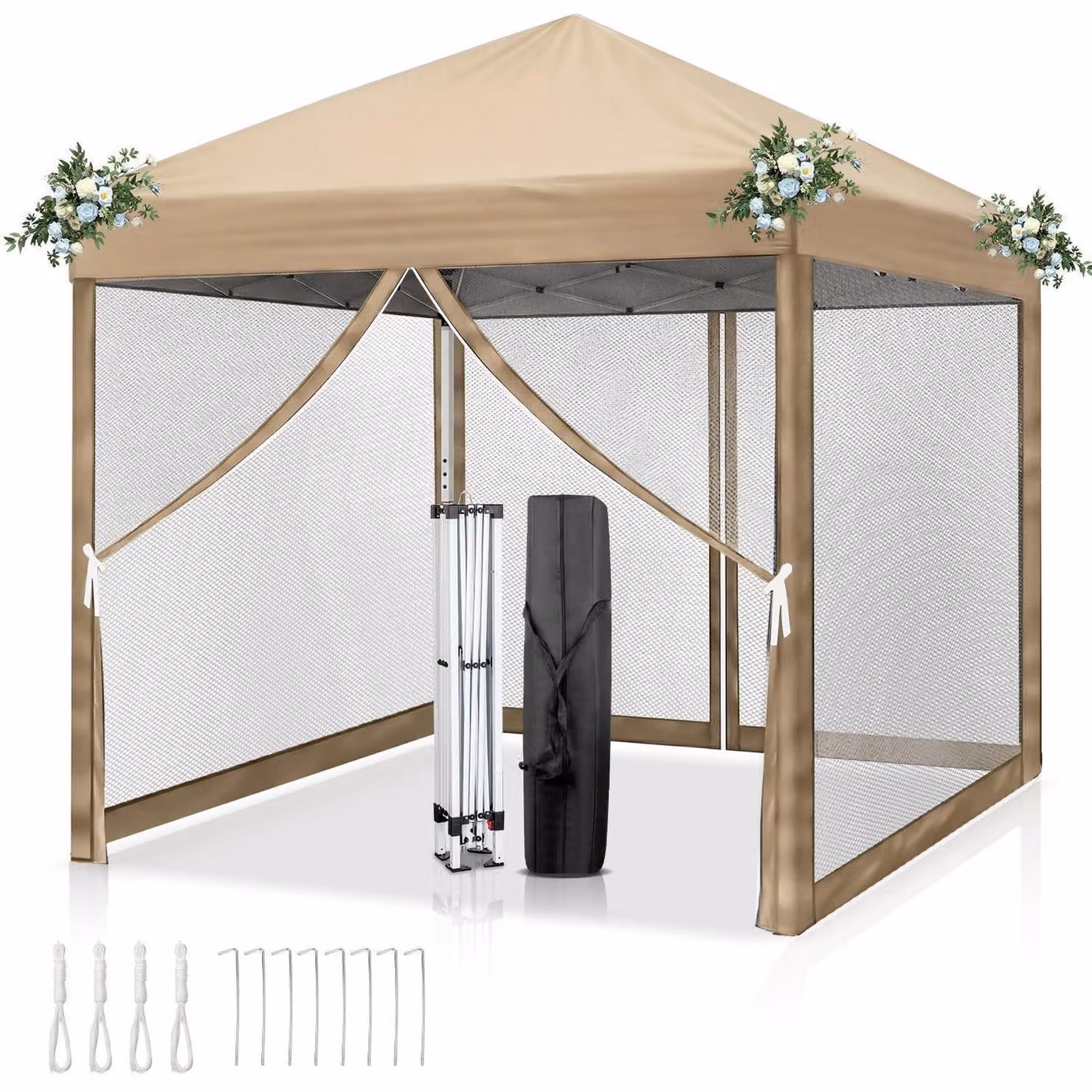 Tenda da campeggio impermeabile, con protezione UV 50+, regolabile in altezza, dotata di zanzariere, color kaki, dimensioni 3x3 metri, con 4 pannelli laterali