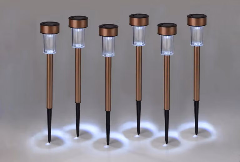 Luci Solari da Esterno in Acciaio Inossidabile Effetto Rame, set da 6, con LED Bianco, Ricaricabili a Energia Solare, ImPErmeabili IPX4, Altezza 34 cm