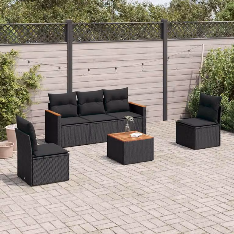 Set Divano da Giardino vidaXL 6 pz Nero con Cuscini e Tavolino in Polyrattan e Acciaio