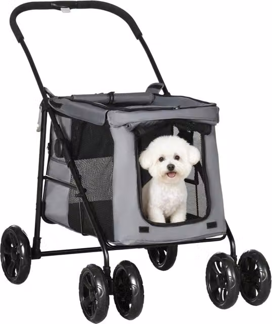 Passeggino per cani e gatti 102 x 62 x 105 cm pieghevole con freno per uso esterno moderno ed essenziale in tessuto oxford grigio 21_0007242