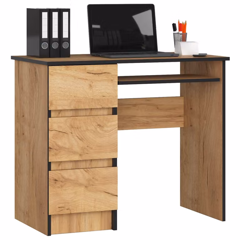 Scrivania Biurko A-6 in Faggio Craft Sinistra 90 cm con 3 Cassetti e Ripiano Estraibile