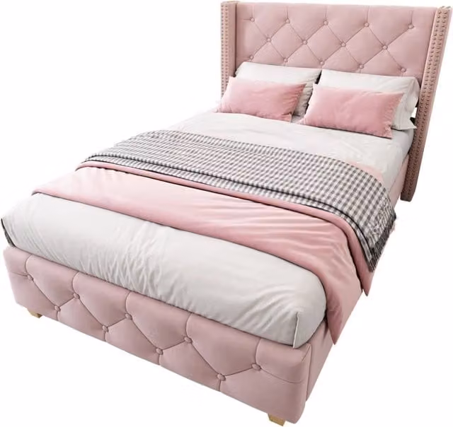 Letto singolo 90x200 cm in velluto rosa con testiera imbottita e dettagli con borchie