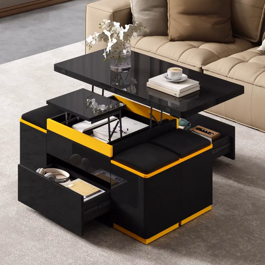Set Tavolino Alzabile e Ribaltabile REDOM con 4 Sgabelli, Colore Nero e Giallo, L: 100 cm, P: 50 cm, H: 43 cm – 2