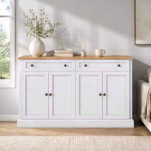 Credenza moderna MIVRAY con 4 ante e 2 cassetti, ripiani regolabili in MDF e truciolare, bianco e legno naturale, L 150 x P 40 x H 86 cm