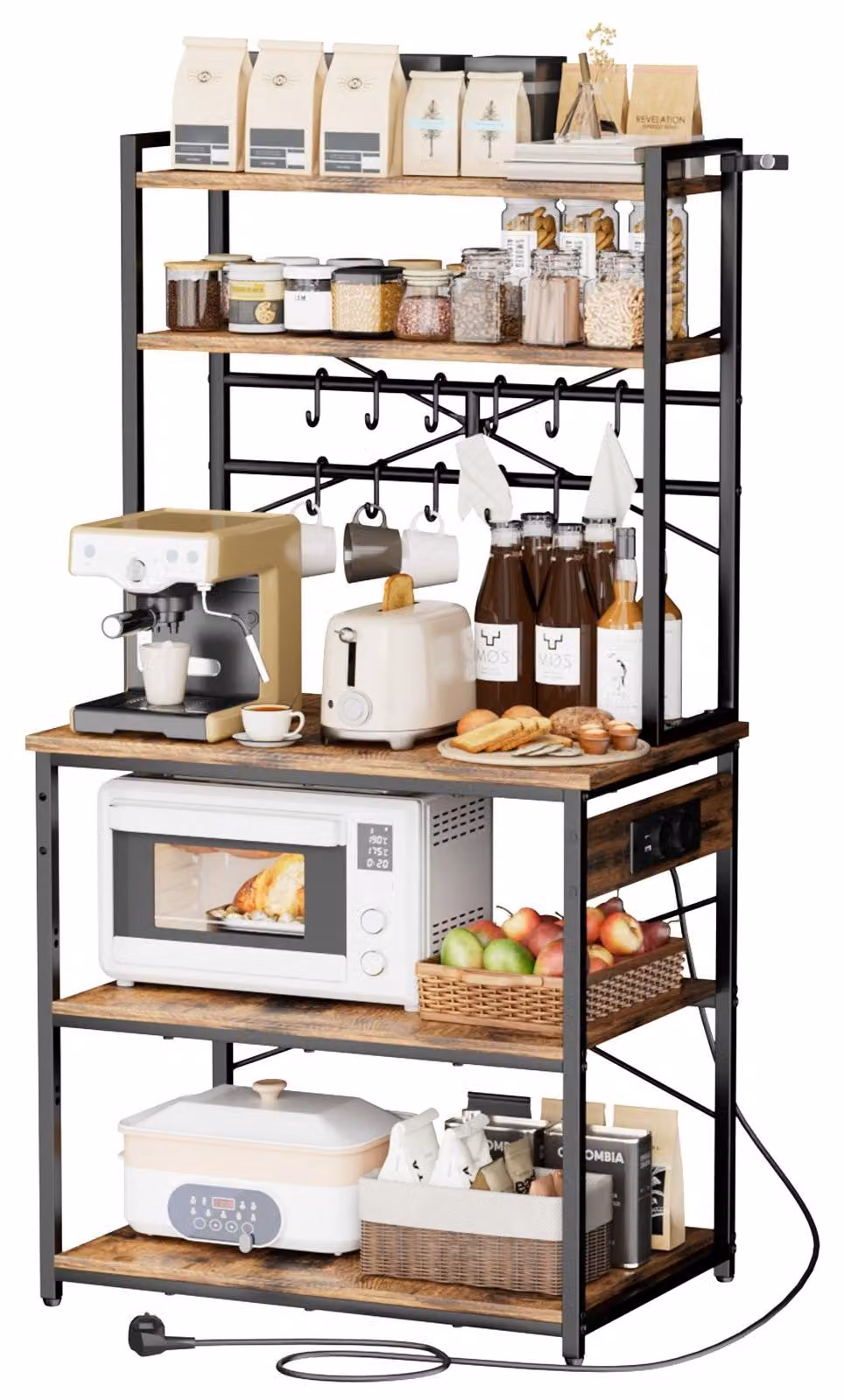 Scaffale da cucina - Scaffale da fornaio/per microonde - Dimensioni 80 x 40 x 161,8 cm - Rinforzo a X - 12 ganci a S - Con ciabatta elettrica - Per stoviglie e spezie - Scaffale in metallo