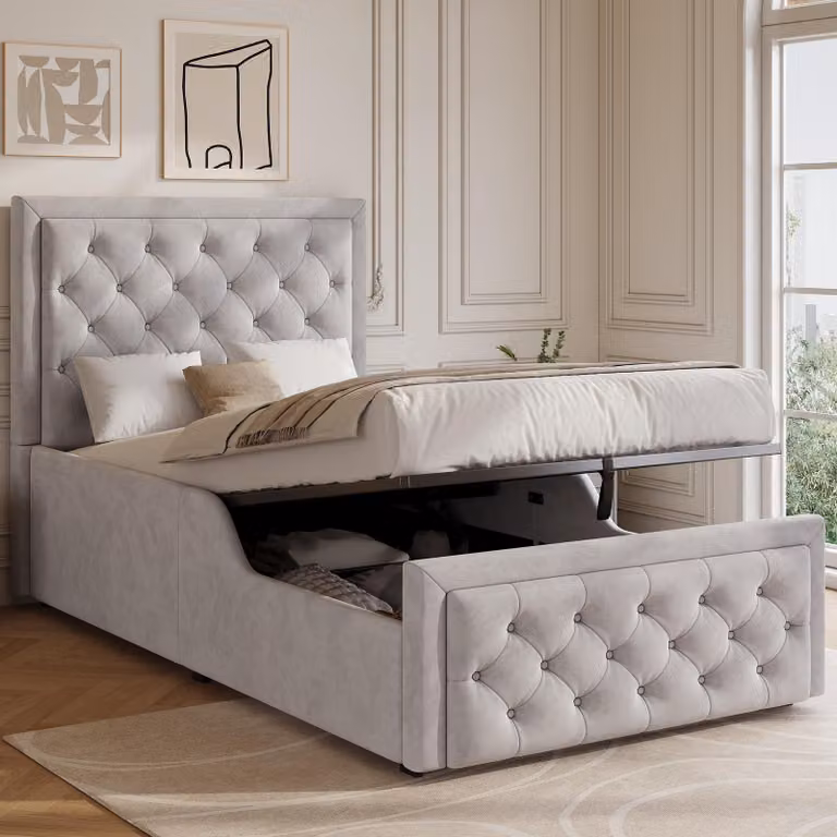 Letto imbottito okwish 90x200 con materasso e contenitore, letto per ragazzi con sponde laterali e testiera imbottita, letto singolo grigio