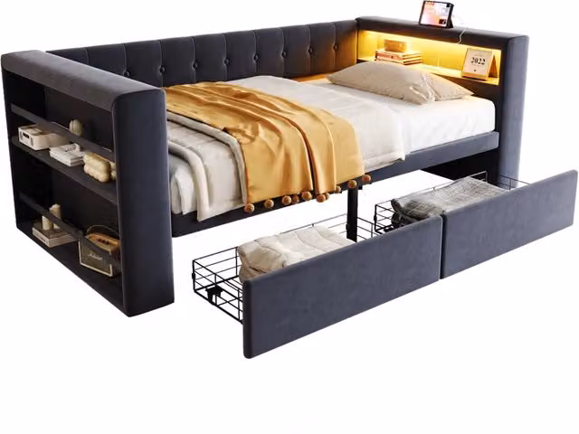 Letto a Divanetto Stilvora Singolo con Cassetti, Illuminazione LED e Prese USB, Grigio, L/P/H: 190 x 90 x 69 cm