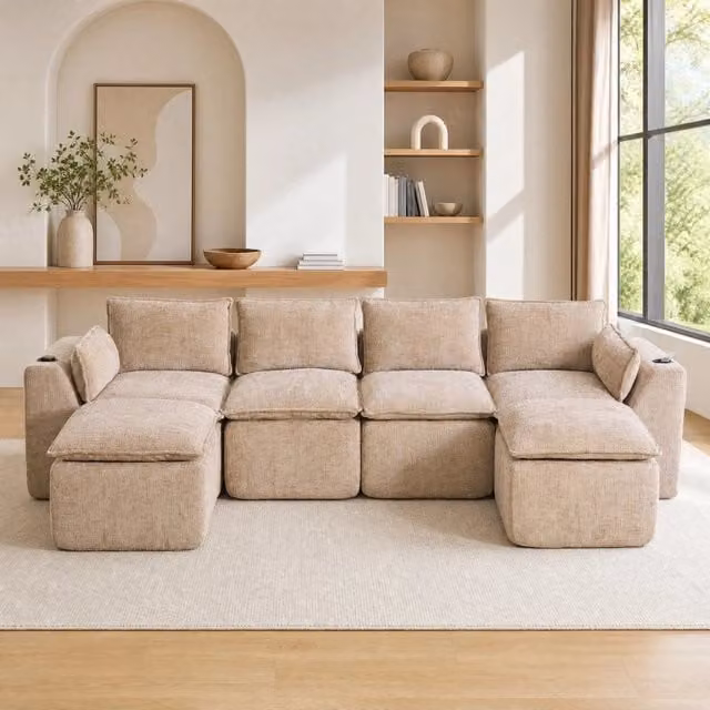 Divano modulare a L Mivray in tessuto beige e marrone con cuscini inclusi per soggiorno