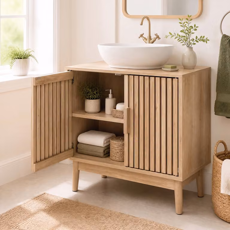 Costway Mobile da bagno sottolavabo salvaspazio con 2 ante e 2 ripiani, design moderno in legno color marrone e beige