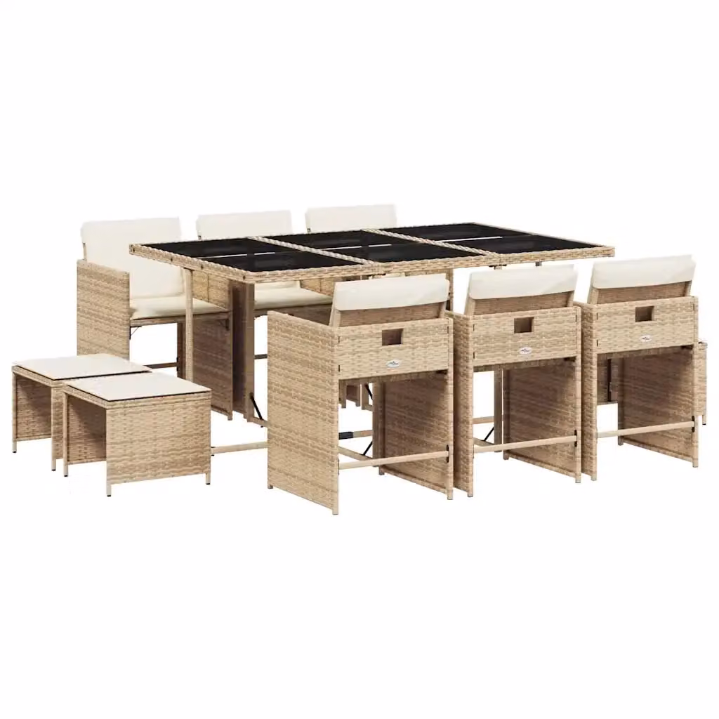 vidaXL Set da Pranzo da Giardino 11 pz in Polyrattan con Cuscini Beige e Tavolo in Vetro – 2