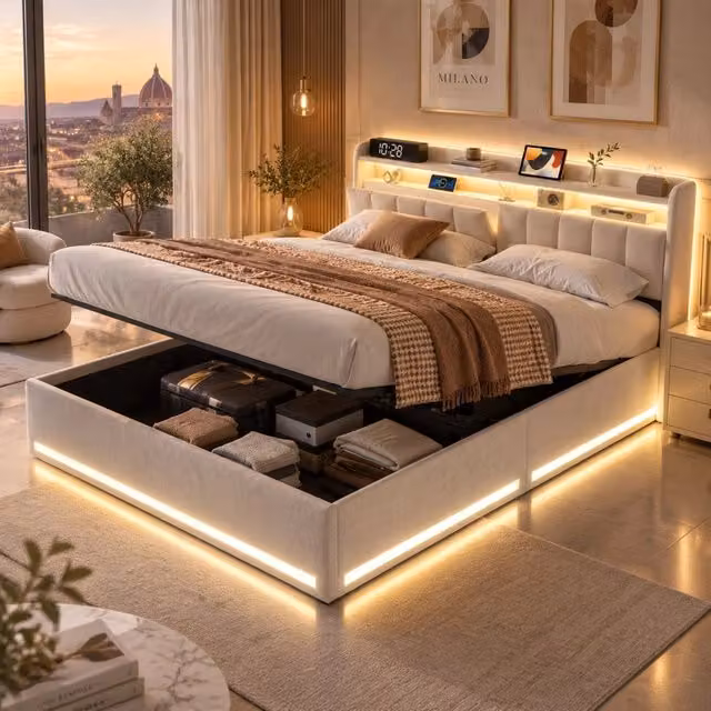 Letto Matrimoniale con Contenitore 140x200 cm; Letto Imbottito con LED e USB;Letto Baule Testiera con di Stoccaggio; Velluto Beige;Senza Materasso