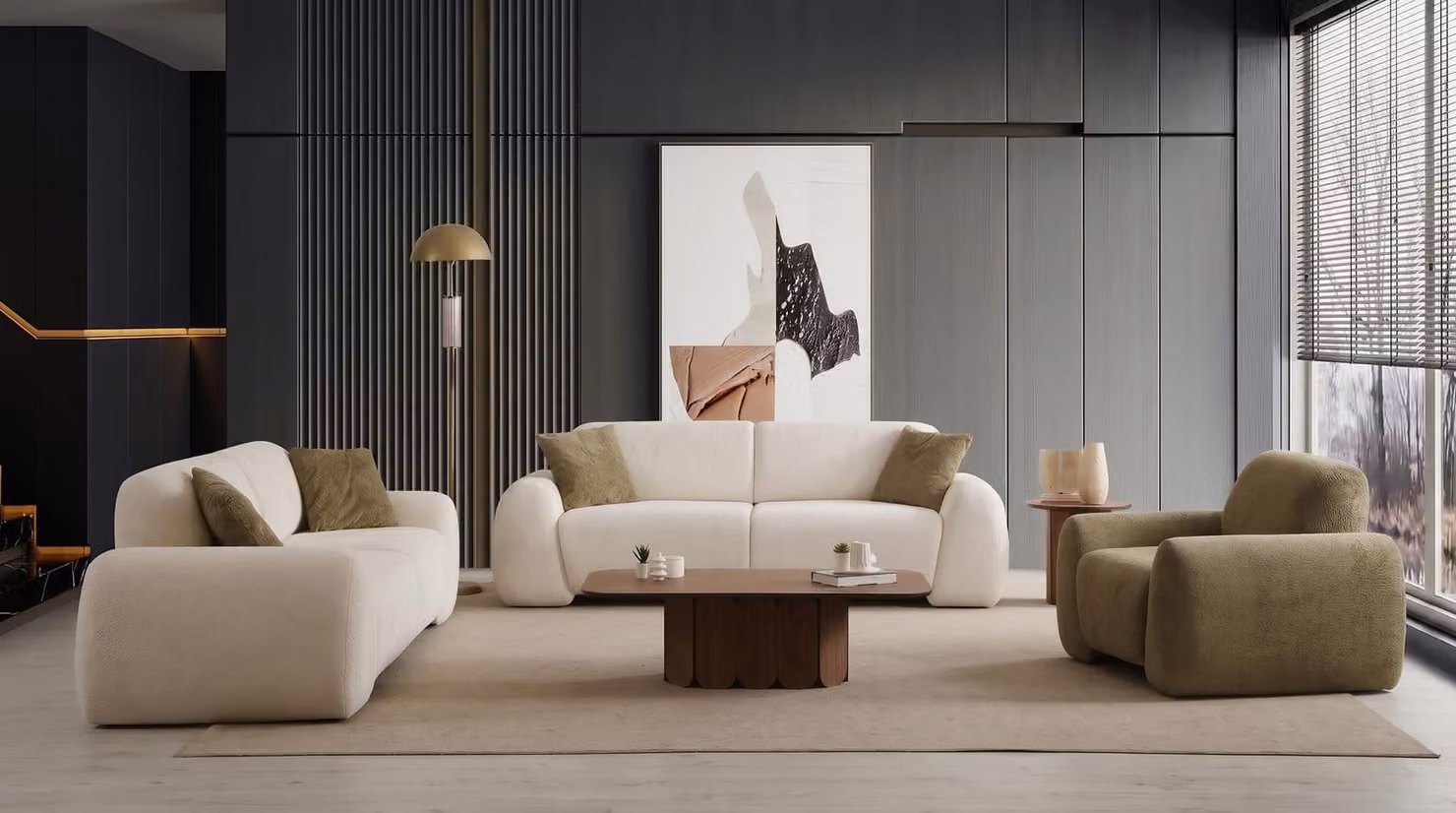 Wohnzimmer Set 2x 3 Sitzer Sofa Sessel Modern Beige Harmonisch Edel