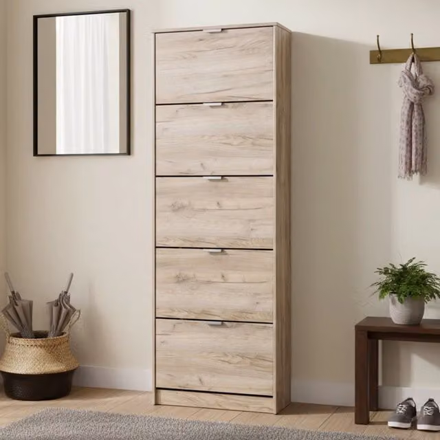 Scarpiera DMORA Sueglio con 10 Ripiani e Scomparti Basculanti, Marrone Rovere e Grigio, L: 67 cm, P: 28 cm, H: 191.5 cm