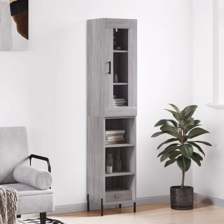 Credenza moderna vidaXL in legno e metallo con ante in vetro, Grigio, L/P/H: 34,5 x 34 x 180 cm