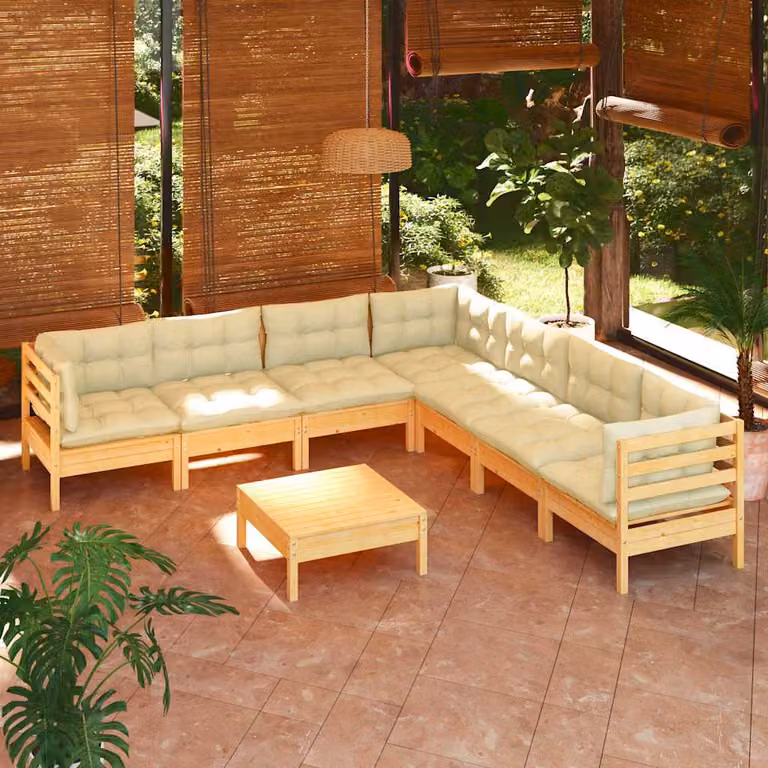 Set di divani da giardino vidaXL a forma di L in legno di pino massello con cuscini beige per 8 persone
