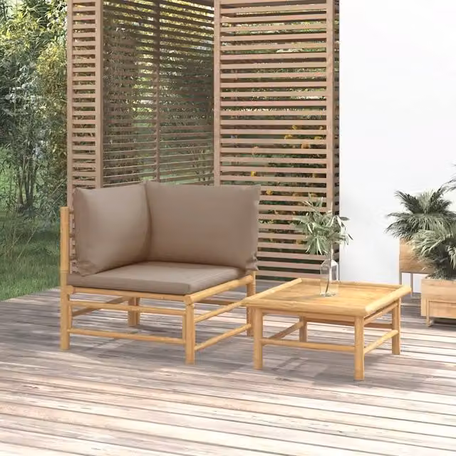 Set Salotto da Giardino Moderno in Bambù con Divano a L, Tavolino e Cuscini Beige