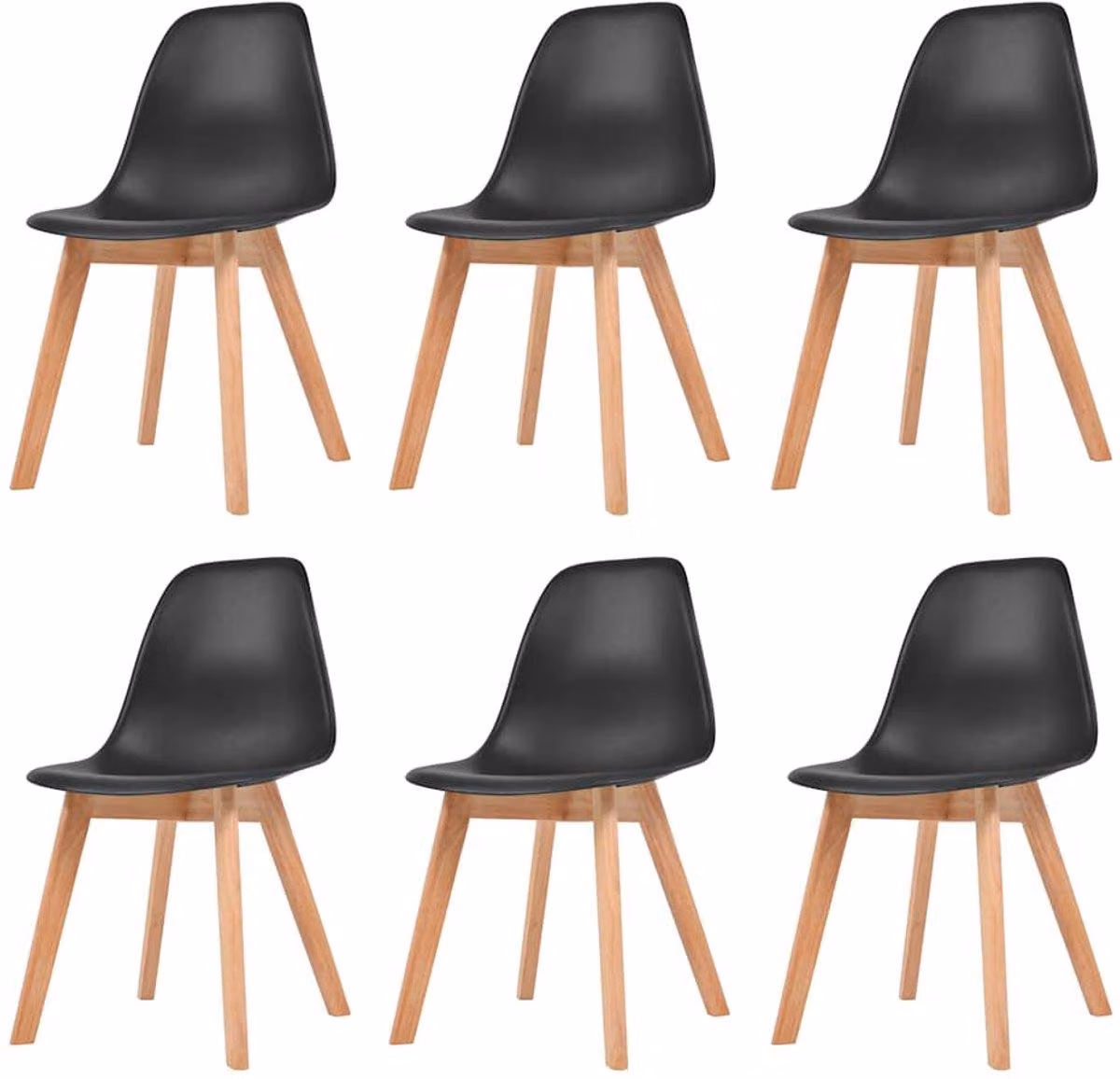 Sedie da pranzo - Materiale plastico, colore nero - 6 pezzi - Gambe in legno - Confortevoli - Colore nero