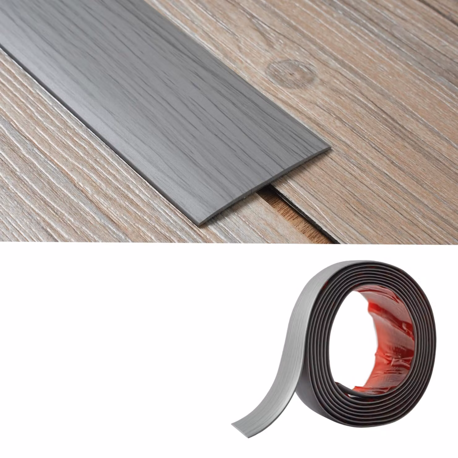 Listello di raccordo per pavimenti in PVC - Spessore 2 mm x Larghezza 5 cm, listelli per pavimenti in laminato, barriera autoadesiva per porte, listello di separazione, per pavimenti lisci, profilo per bordi (2 metri, effetto legno grigio)