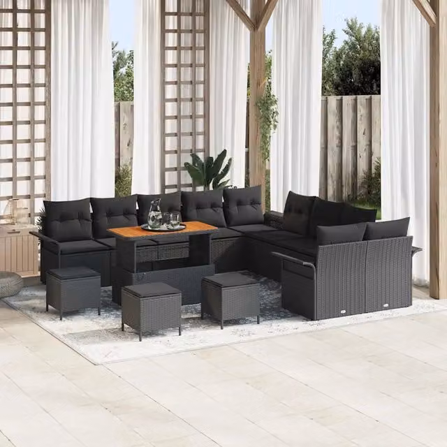 Set Divano da Giardino a Forma di U vidaXL in Polyrattan Nero con Cuscini e Tavolino da 14 Pezzi – 1