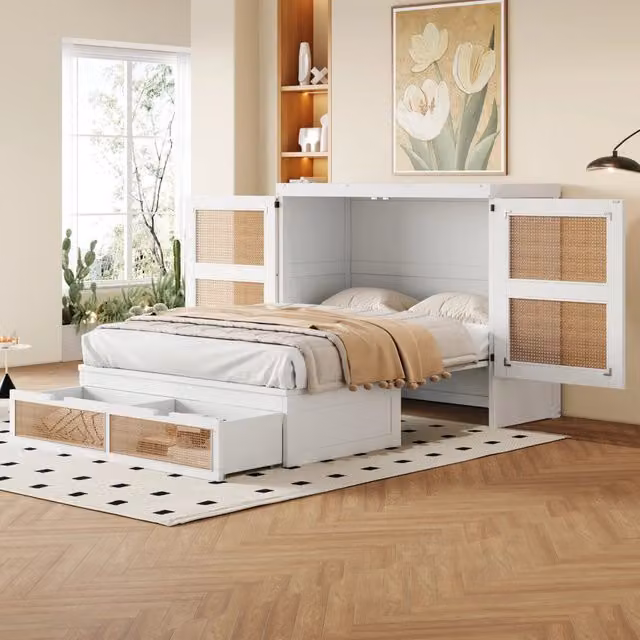 Letto armadio 140 x 200 cm, letto a scomparsa verticale con rete a doghe, cassetti contenitore, design in rattan, in legno - Bianco