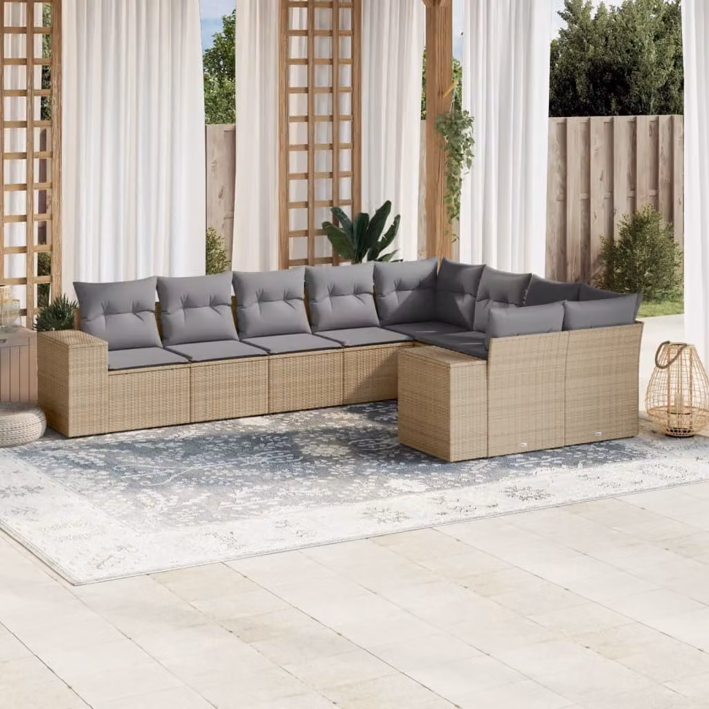 vidaXL Set Divano da Giardino a L 9 pz con Cuscini Beige e Grigio in Polyrattan e Metallo – 1