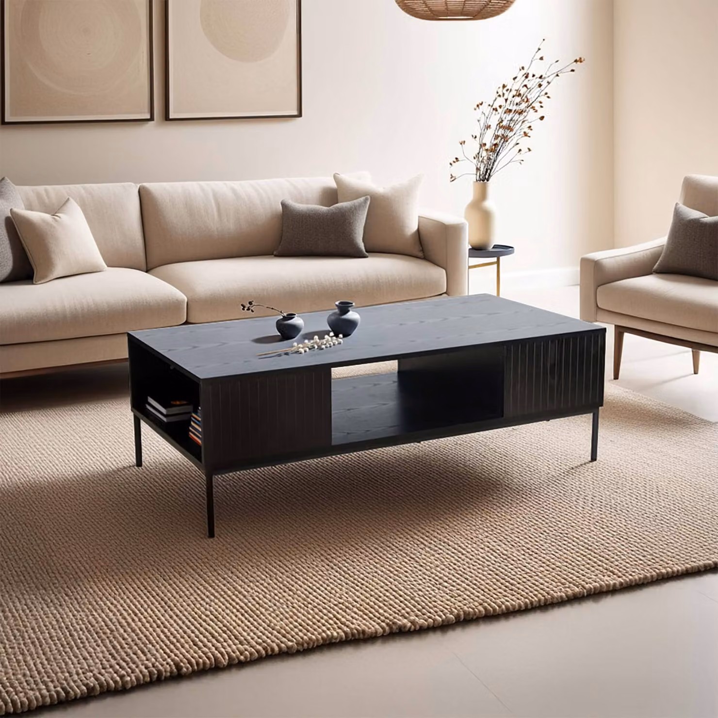 Tavolino in acciaio e MDF con decoro melaminico 120 cm nero - Oviala Dakota
