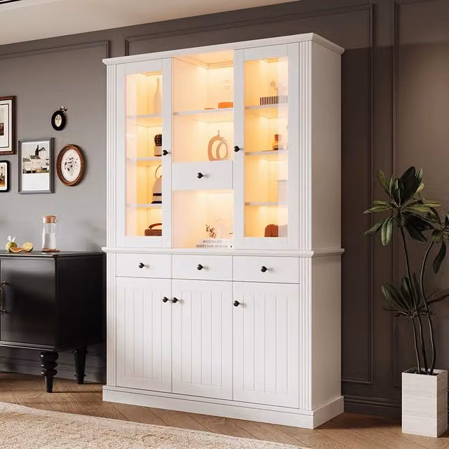 Vetrina 119.5x40x180 cm con LED - Xylo - 4 cassetti, 5 ante, 16 colori LED, 21 ripiani, MDF