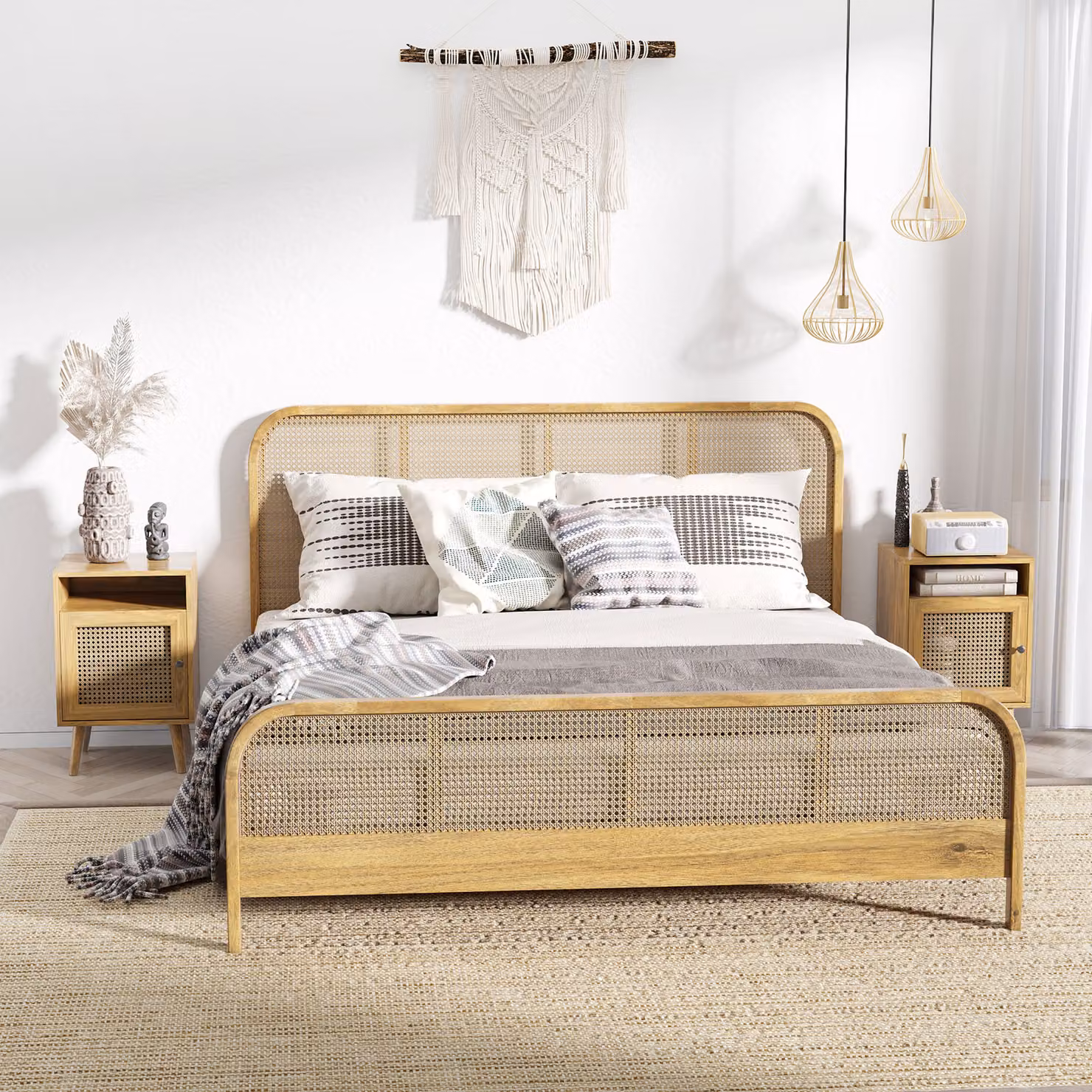 Set di 2 Comodini Moderni HOMCOM in Truciolato e Rattan Marrone con Armadietto e Ripiano Aperto, L 39 cm x P 35 cm x H 60 cm – 2