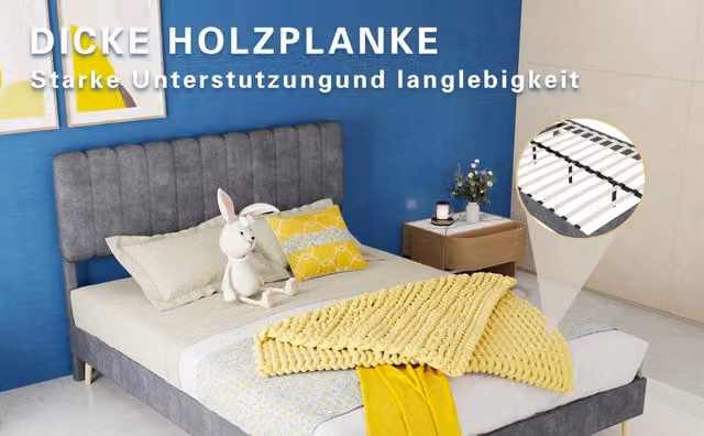Letto imbottito moderno 140×200 cm in velluto olandese grigio con testiera morbida, base bassa senza contenitore, materasso 140×200 incluso