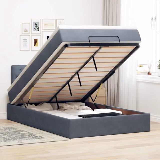 Letto con contenitore a sollevamento e materasso vidaXL in velluto grigio, L/P/H: 200 x 120 x 88 cm