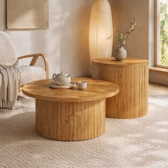 Set 2 tavolini da salotto ULEVR rotondi 75x75x36 e 50x50x50,5 cm, MDF naturale