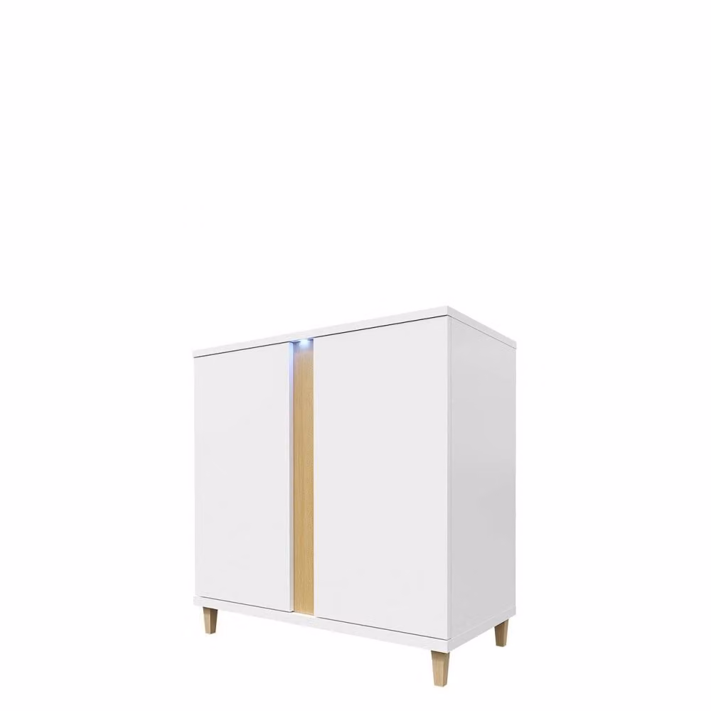 Cassettiera con illuminazione a LED BANTRY 3 – bianco / bianco lucido / impiallacciatura naturale