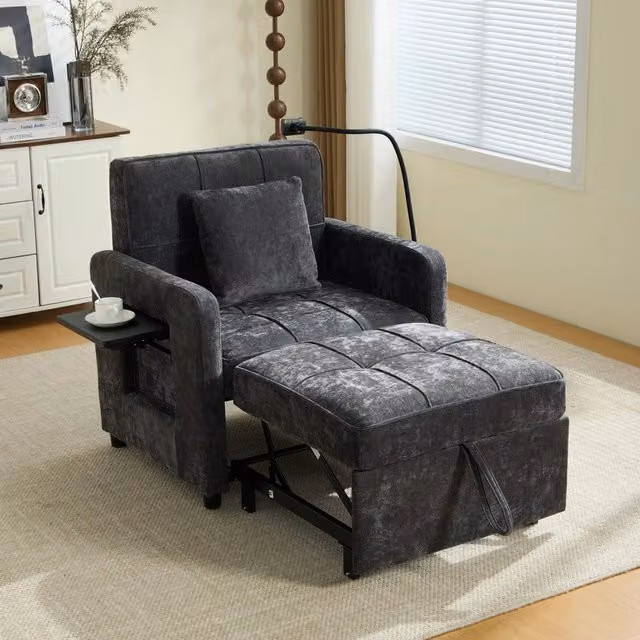 Poltrona letto ¨C Minimal ¨C tessuto chenille grigio con cuscini, tasche laterali e tavolino
