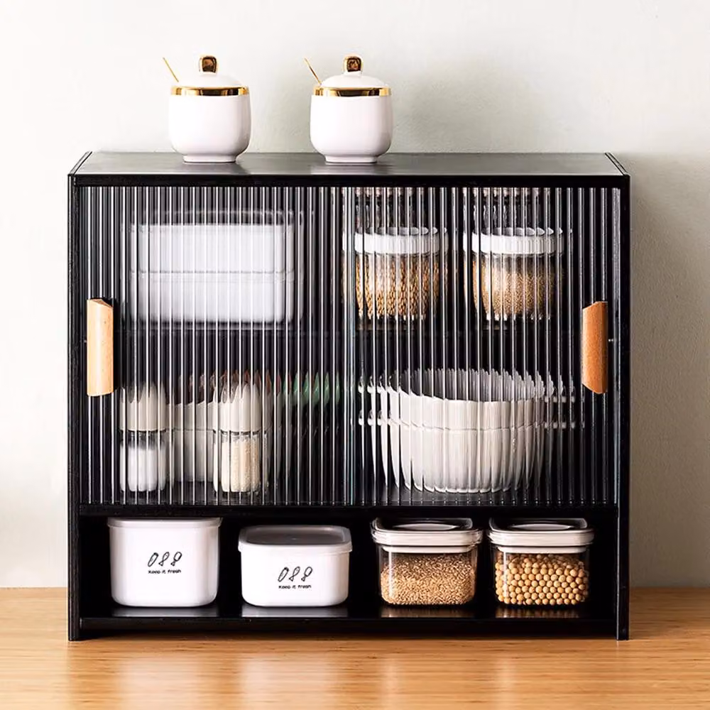 Armadietto contenitore per la cucina - Mobile a pensile - 55 cm - Bambù - Ante in vetro scanalato - Ripiani regolabili - 5 cassetti - Nero