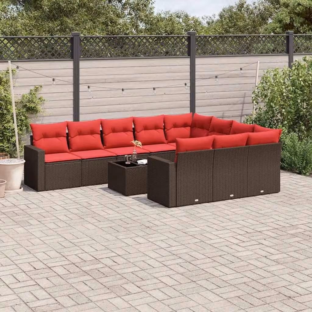 vidaXL Set Divani da Giardino 11 pz in Polyrattan Marrone con Cuscini e Tavolino da Esterno – 1