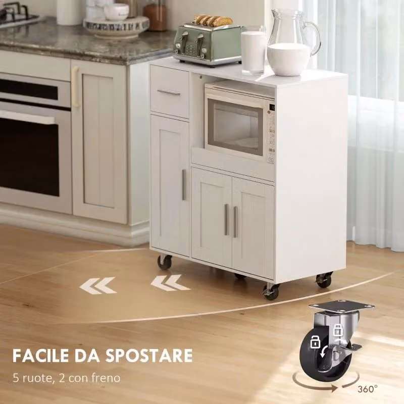 Mobiletto per microonde Maury's in legno bianco con cassetto, armadietti e ripiano aperto, L: 80 cm, P: 40 cm, H: 88.7 cm – 2