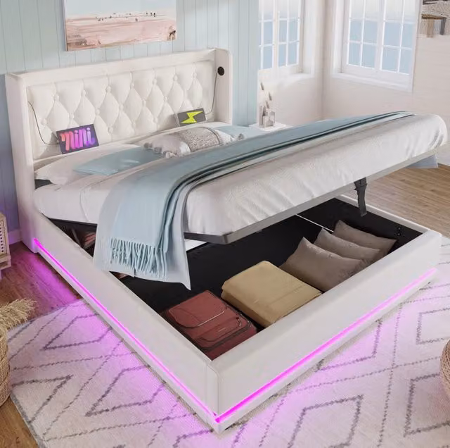 Letto 180x200 cm in PU bianco con contenitore idraulico, senza materasso –