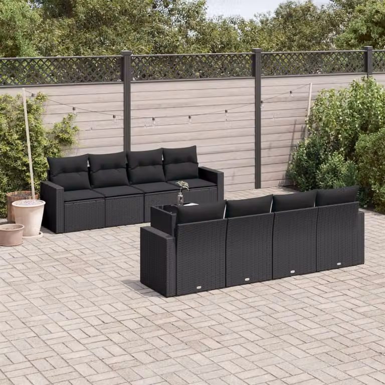vidaXL Set Divani da Giardino 9 pz in Polyrattan Nero con Cuscini e Tavolino da Caffè