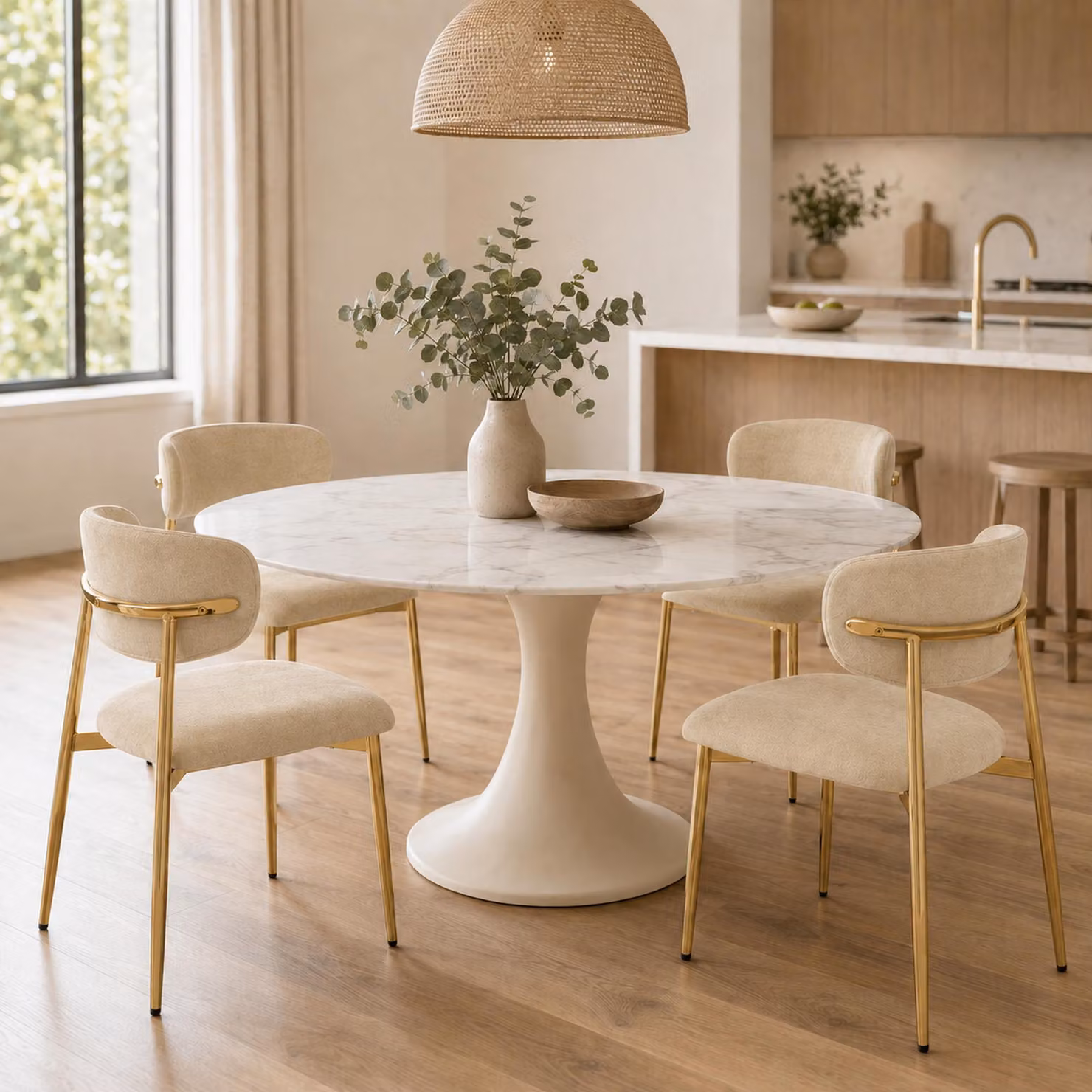 Set di 4 sedie da pranzo Flieks, con struttura dorata regolabile in altezza, imbottite, ideali per la sala da pranzo o la cucina. Dimensioni: 51x50x81 cm. Colore: marrone e oro