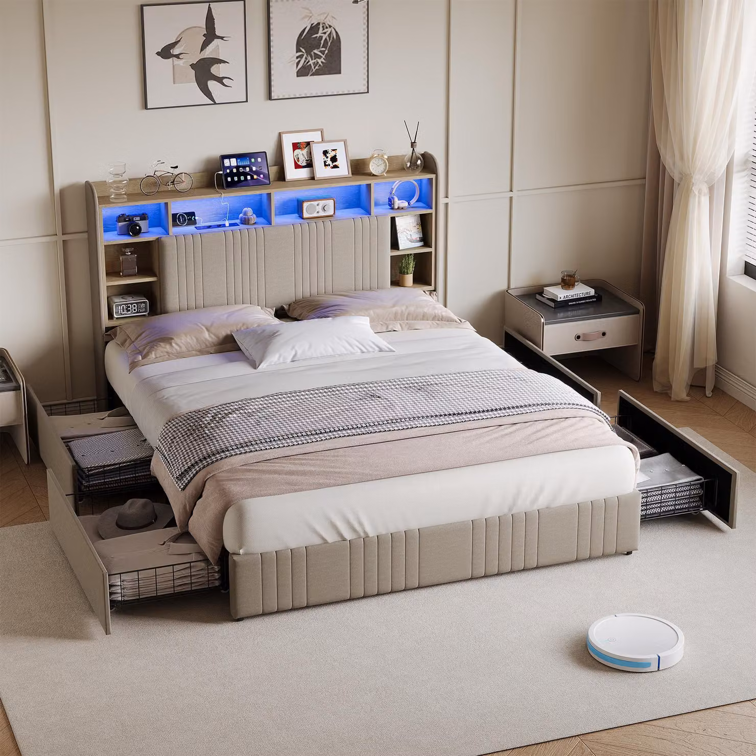 Letto in lino beige UnboxG 160x200 cm con 4 cassetti, testiera con illuminazione a LED RGB e stazione di ricarica, letto imbottito moderno con spazio contenitivo per la camera da letto