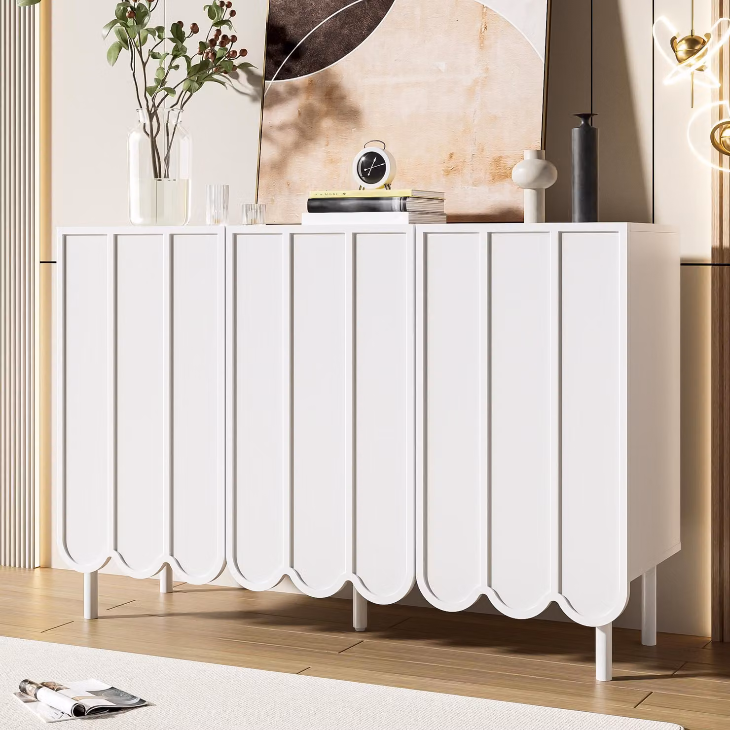 Credenza moderna Merax senza maniglie con ante a onda, 120x35x80cm, cassettiera con ripiani regolabili, gambe regolabili in altezza, MDF e piedi in metallo, bianco