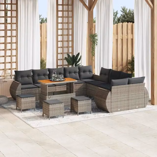 Set Divano da Giardino vidaXL 14 Pezzi Grigio con Cuscini e Tavolino da Caffè