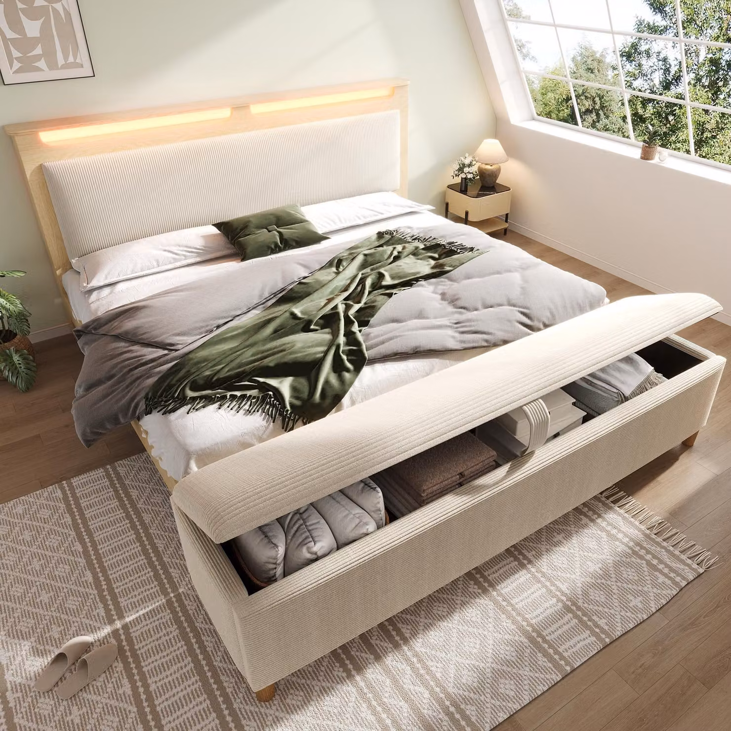 STILVORA 160×200 letto matrimoniale con panca&testiera contenitore, letto in legno con schienale a LED&corda, letto per ragazzi con doghe in legno, senza materasso, rovere chiaro