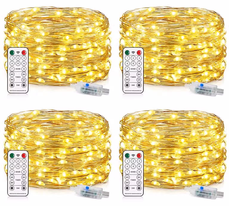 Catena luminosa a LED con 100 luci, 10 metri, alimentazione USB. Catena luminosa impermeabile con filo, dotata di telecomando e timer. 8 programmi. Filo di rame. Ideale per camere da letto, feste, matrimoni. Confezione da 4 pezzi – luce calda