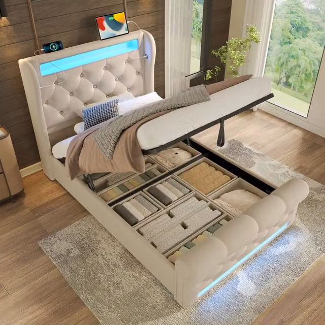 Letto singolo 90 × 200 cm con vano idraulico, LED, USB e porte tipo C, materasso incluso, velluto beige